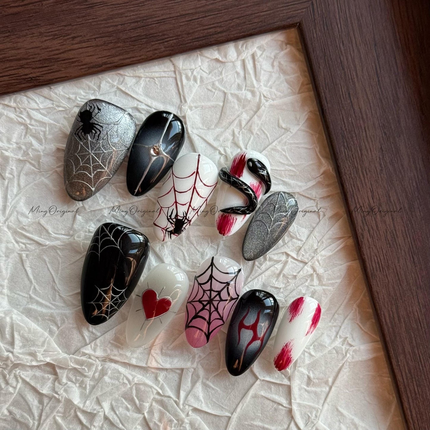 Halloween Spooky Spider Web and 3d snake Gothic press on nail, black cat eye nails,hand painted y2k bloody nail, fake nail, black nail,MO633