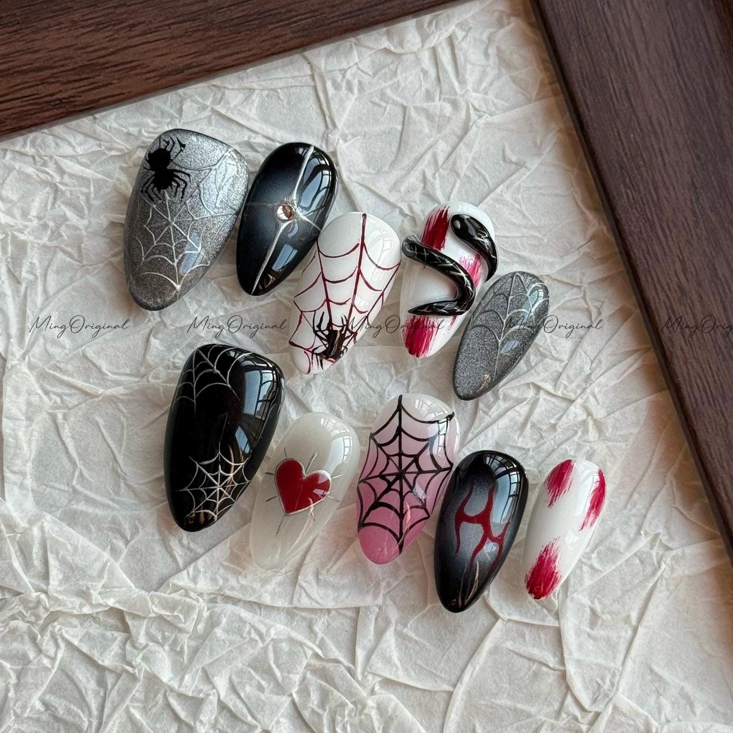 Halloween Spooky Spider Web and 3d snake Gothic press on nail, black cat eye nails,hand painted y2k bloody nail, fake nail, black nail,MO633