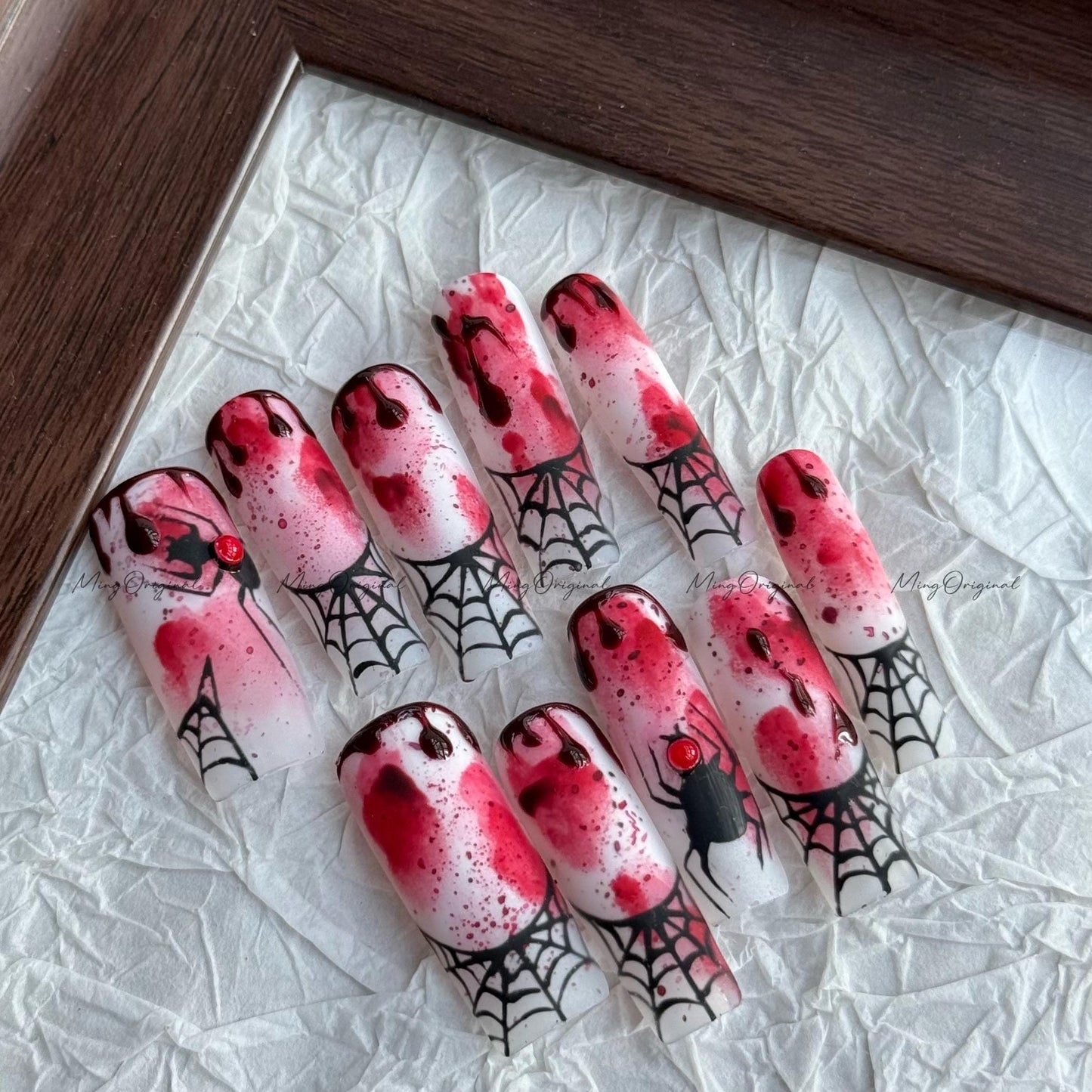 Halloween Spooky Spider Web Press on Nail, Bleeding Gothic Accent nails, hand painted y2k bloody nail, fake nail, black nail,MO655