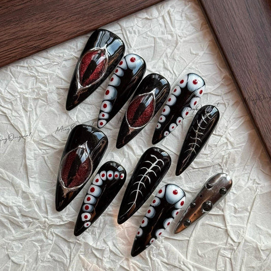 Halloween Devil Eye press on nails, 3d eye ball black red cat eye, horror silver bone accent spooky season, Gothic chrome nail art, MO634