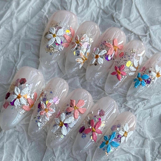 Blooming wild little daisy flower Press on Nails, handpainted oil painting style floral Nails, Handmade Gel Nails, bridal wedding nail,MO656