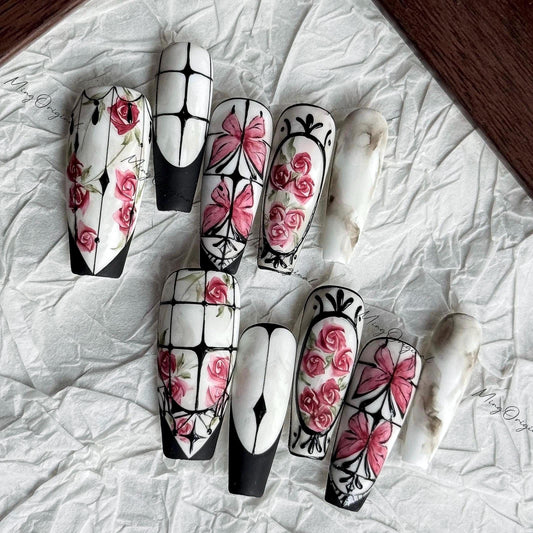 Rose Garden Red Rose Flower Butterfly Water Color art nail, window frame Press on Nail, hand painted wedding bridal floral nail, MO637