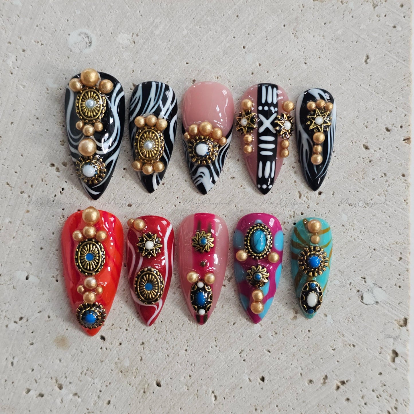 Boho Luxe Press on Nails, Black and white zebra, tribal pattern, bold red, turquoise accents, gold charms, statement nail,gift for her MO658