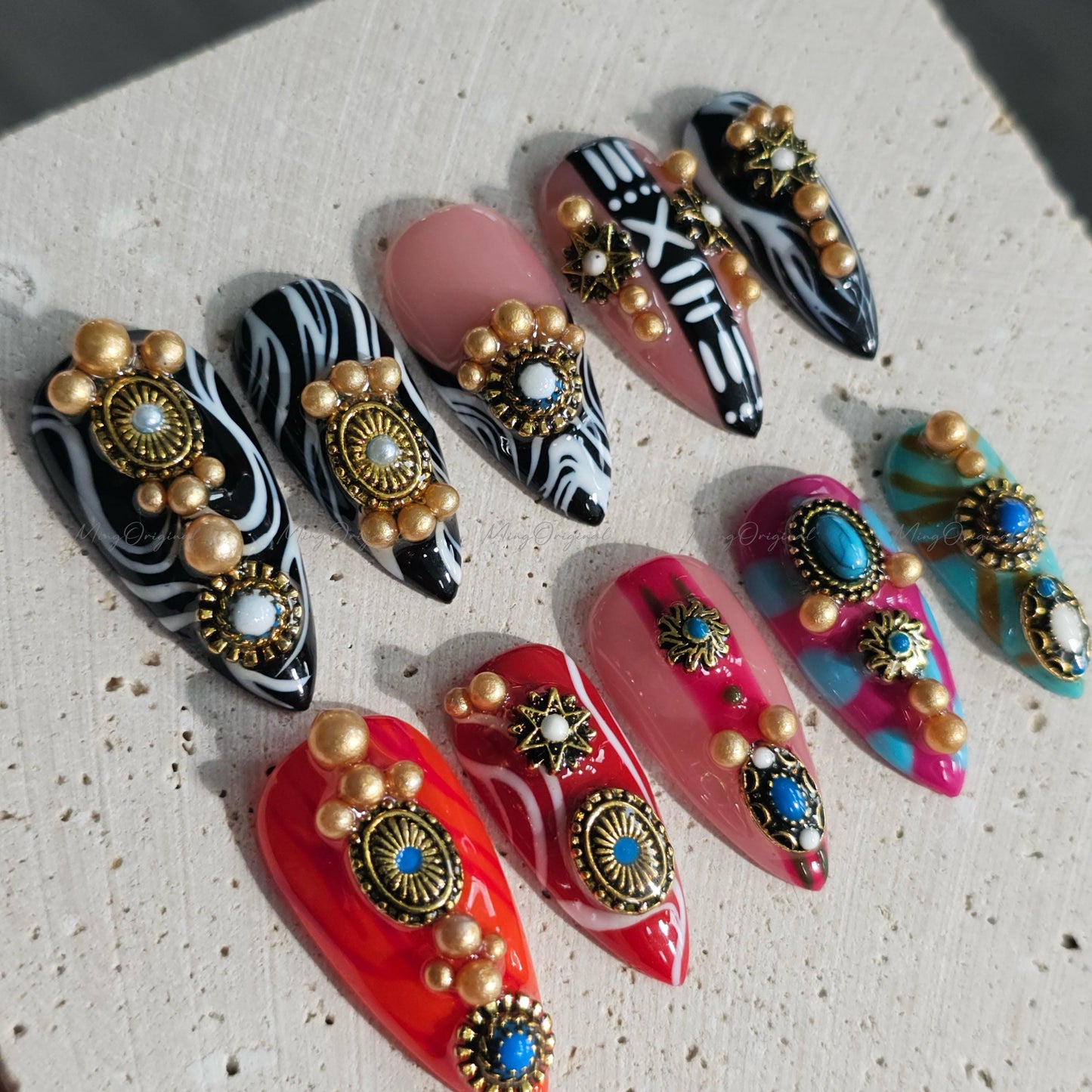 Boho Luxe Press on Nails, Black and white zebra, tribal pattern, bold red, turquoise accents, gold charms, statement nail,gift for her MO658