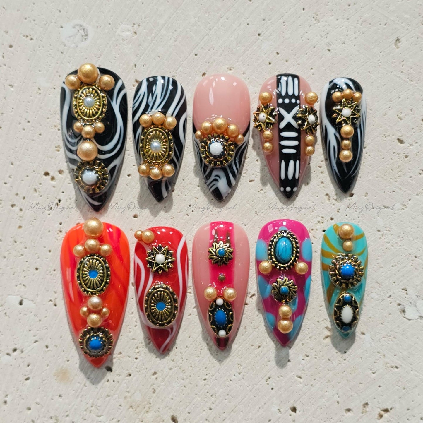 Boho Luxe Press on Nails, Black and white zebra, tribal pattern, bold red, turquoise accents, gold charms, statement nail,gift for her MO658