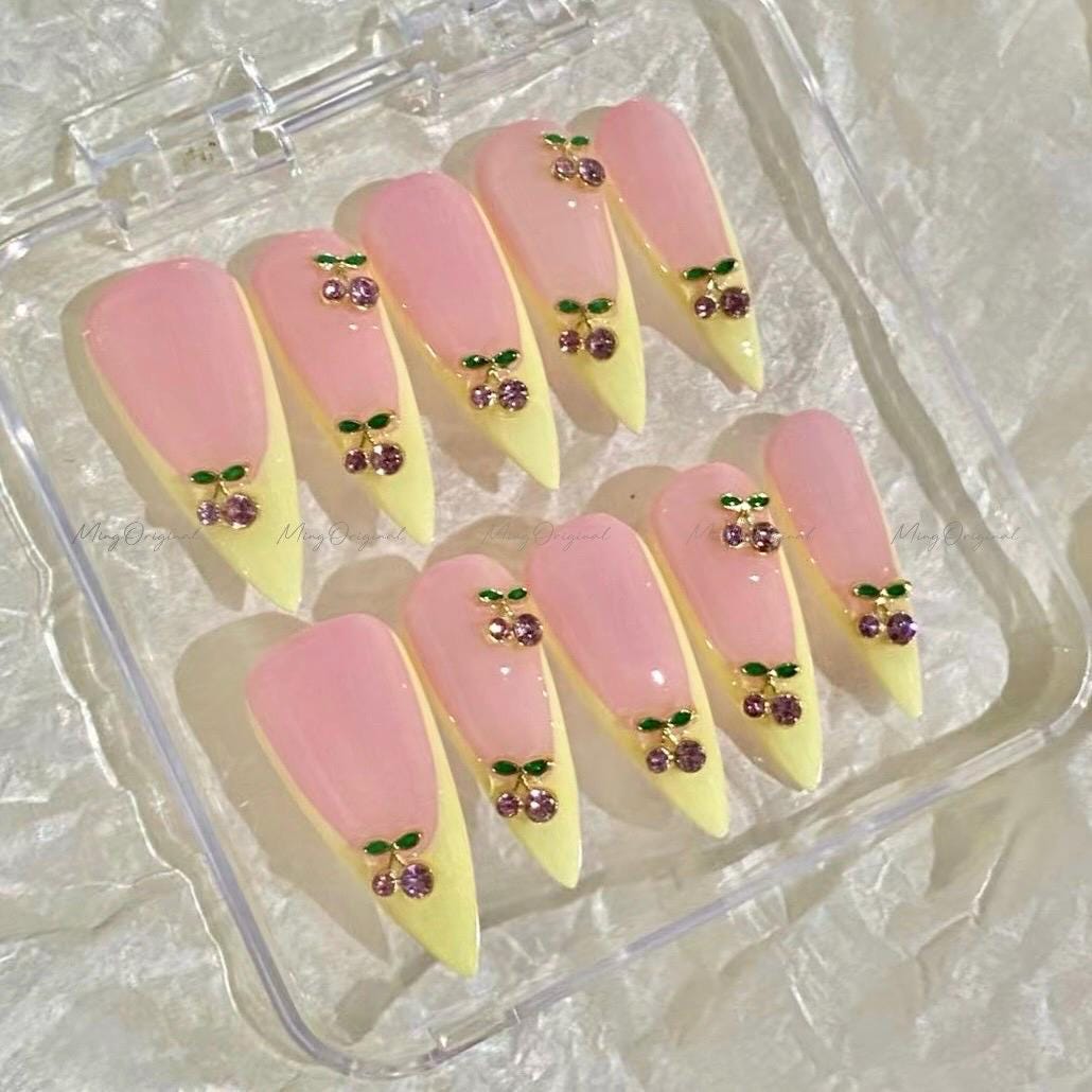 Yellow French Cherry press on nails, Fruit Lover pink cherry charms, candy color french tip, Holiday Fake Nails, Gifts for Her,MO659