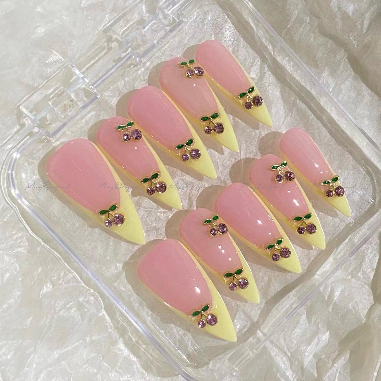 Yellow French Cherry press on nails, Fruit Lover pink cherry charms, candy color french tip, Holiday Fake Nails, Gifts for Her,MO659