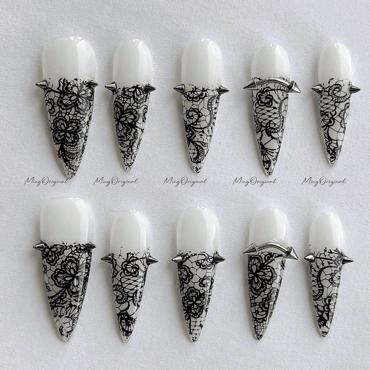 Black lace flower press on nail, milky white wedding nail, glue on nail, reuse nail, fake nail, holiday trending nail, MO641