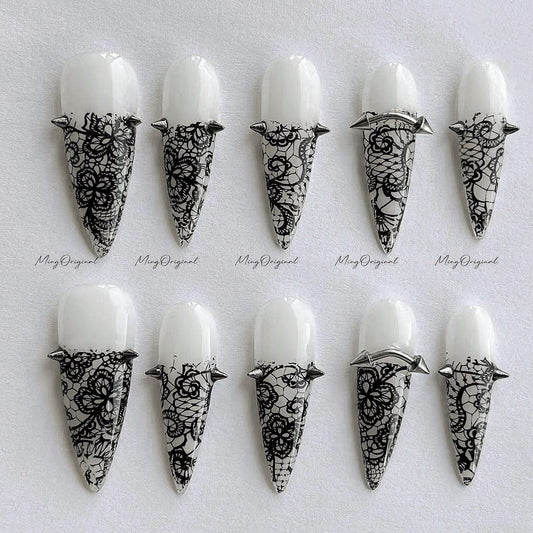 Black lace flower press on nail, milky white wedding nail, glue on nail, reuse nail, fake nail, holiday trending nail, MO641