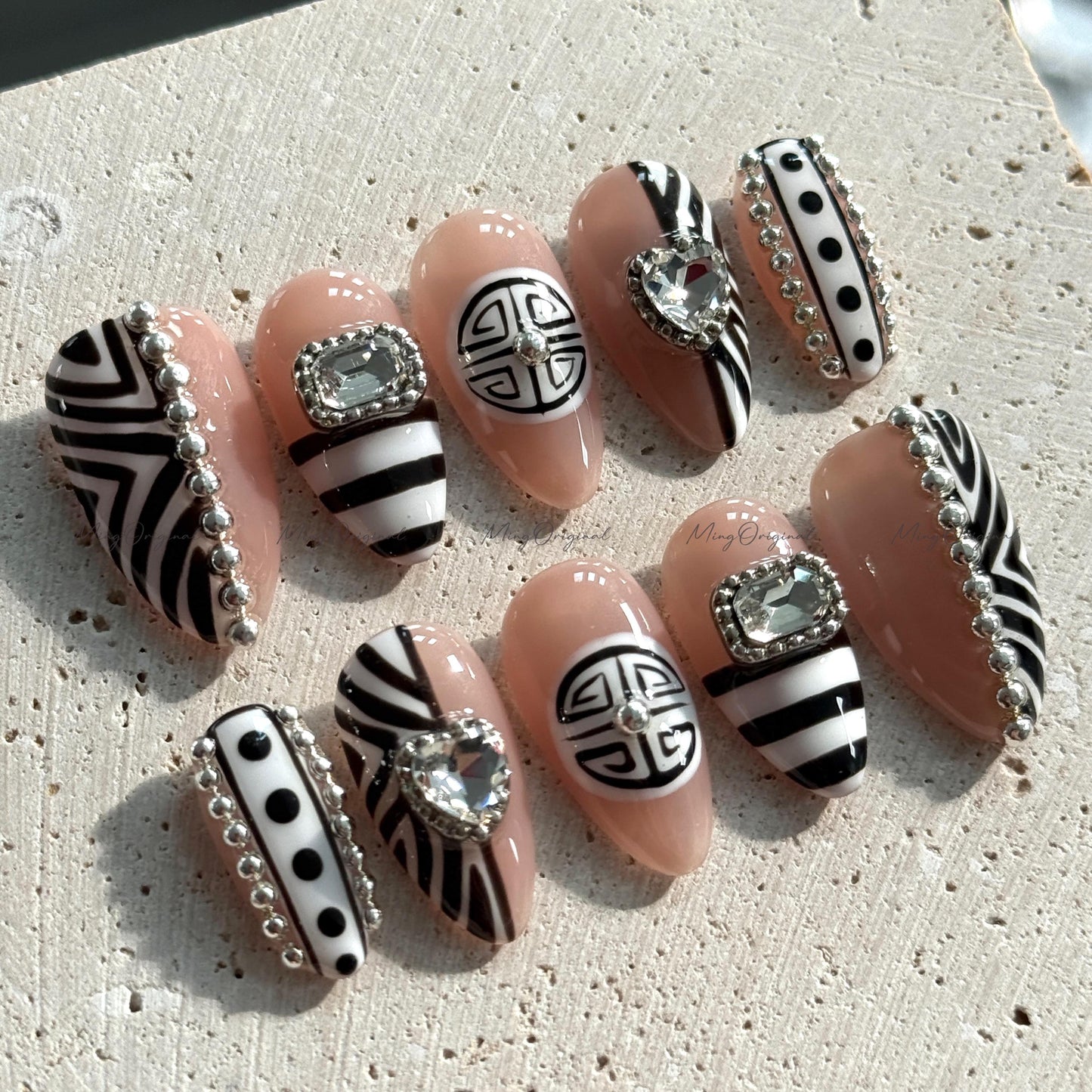 Boho Luxe Press on Nails, Black and white zebra, silver accents, crystal heart rhinestones, bold statement nail,gift for her MO660