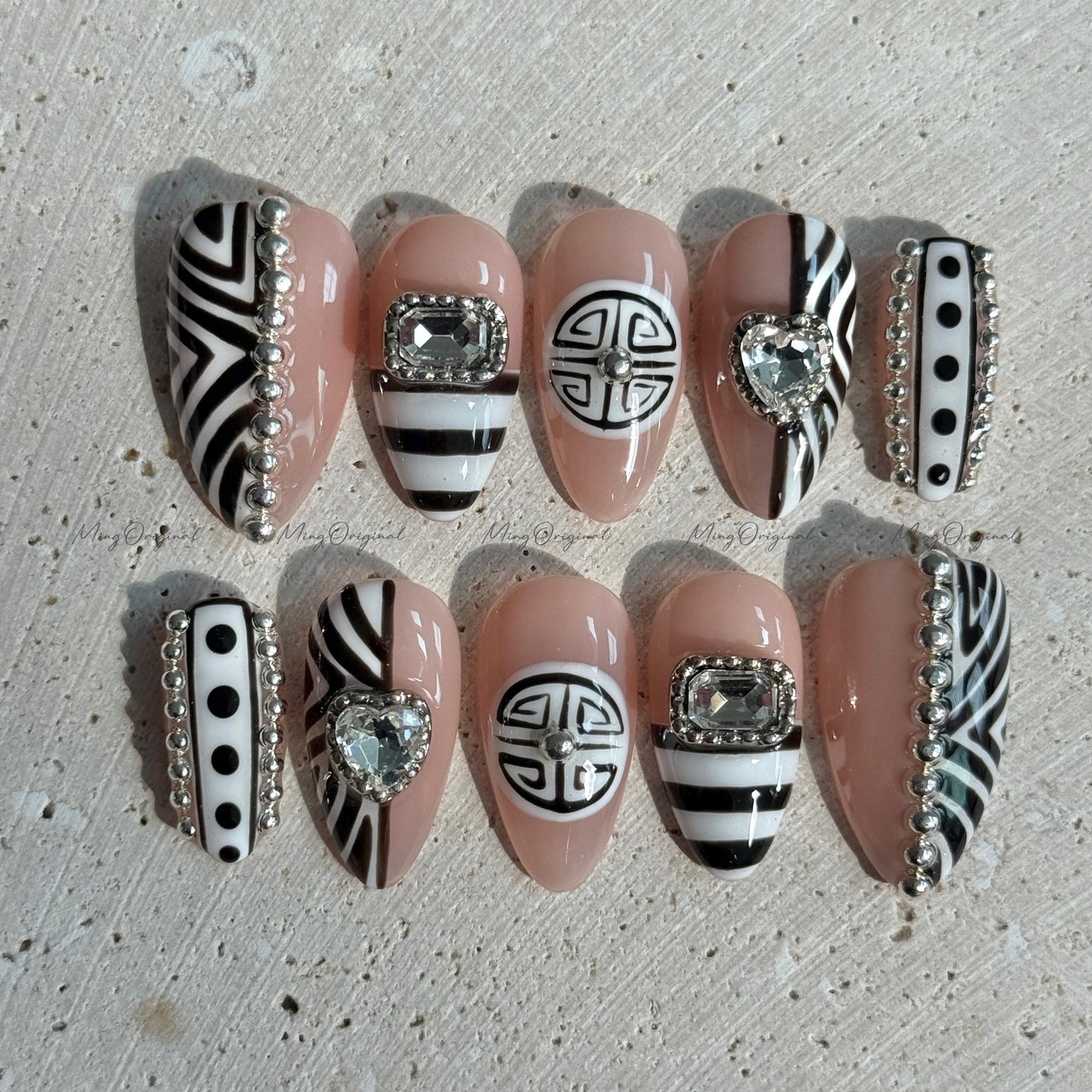 Boho Luxe Press on Nails, Black and white zebra, silver accents, crystal heart rhinestones, bold statement nail,gift for her MO660