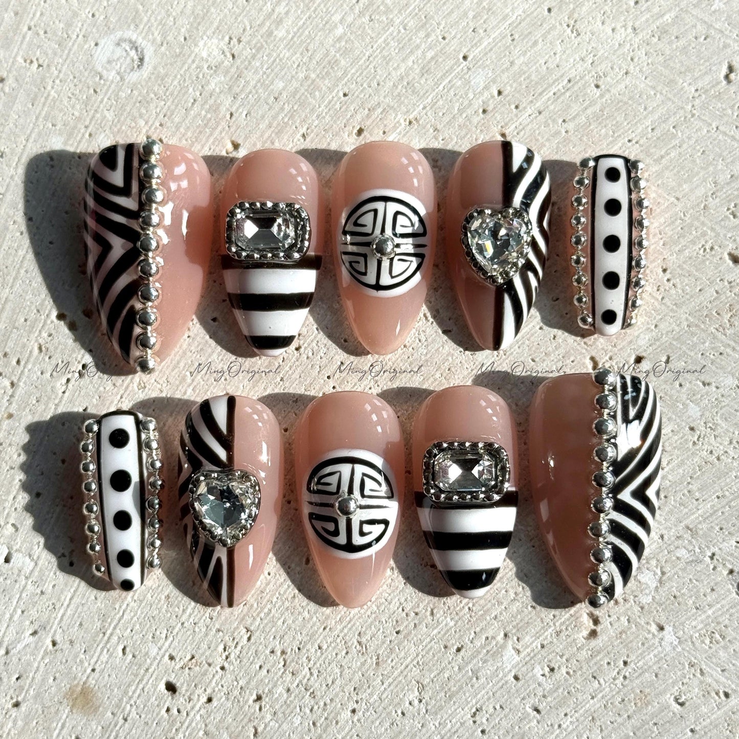 Boho Luxe Press on Nails, Black and white zebra, silver accents, crystal heart rhinestones, bold statement nail,gift for her MO660