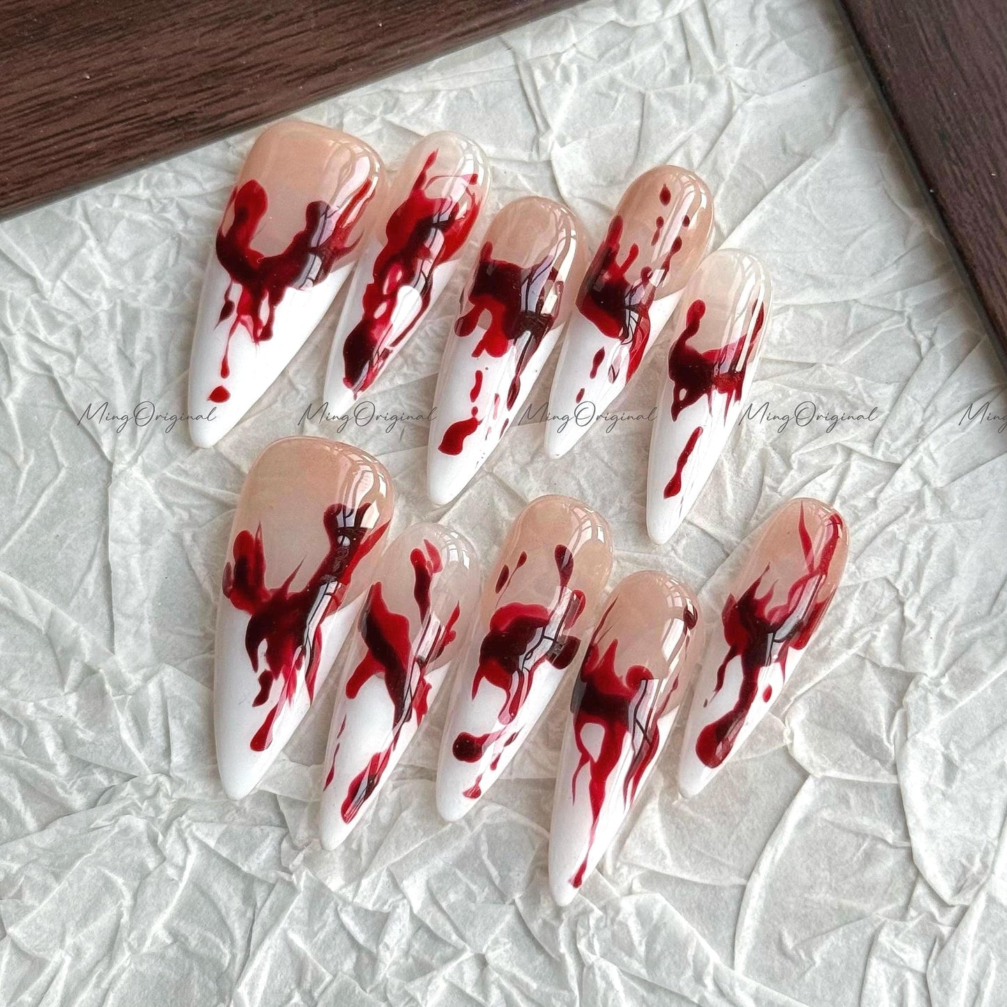 French Halloween Spooky nail bloody press on nail, fake bleeding nail, horror nail, ghost nail, red blood vampire nail, MO661