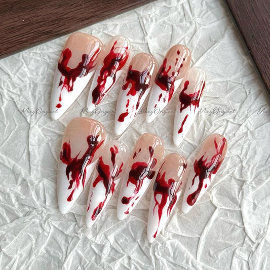 French Halloween Spooky nail bloody press on nail, fake bleeding nail, horror nail, ghost nail, red blood vampire nail, MO661