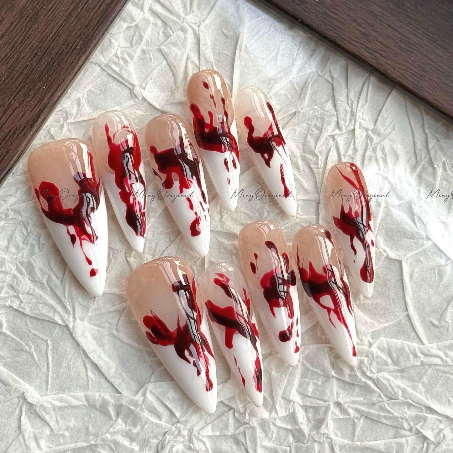 French Halloween Spooky nail bloody press on nail, fake bleeding nail, horror nail, ghost nail, red blood vampire nail, MO661