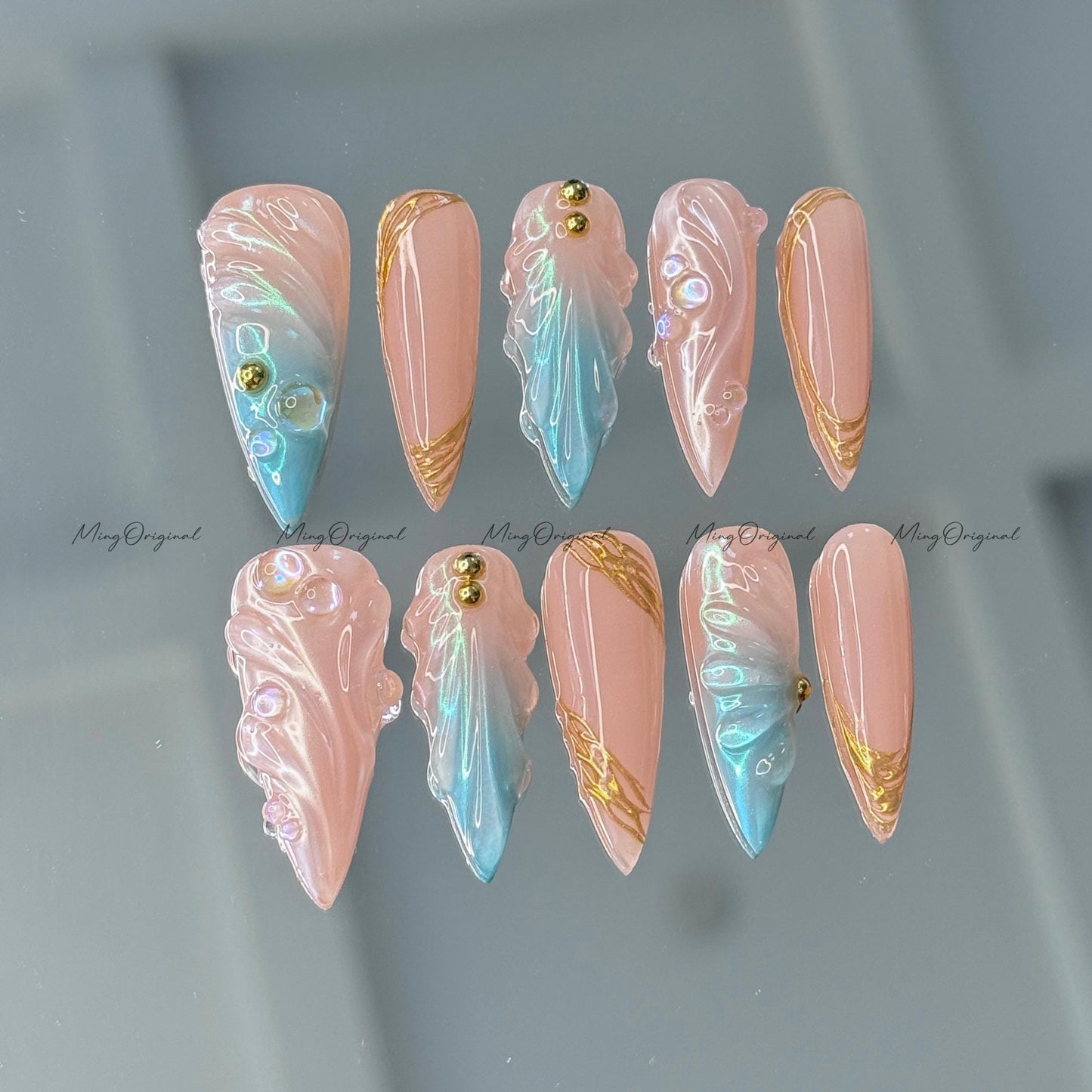 3D Y2K Pearlescent Aurora Blue Mermaid press on nails, Nude Chrome Nail, Aura pearl reusable nail, jelly fake nail, gift for her, MO643