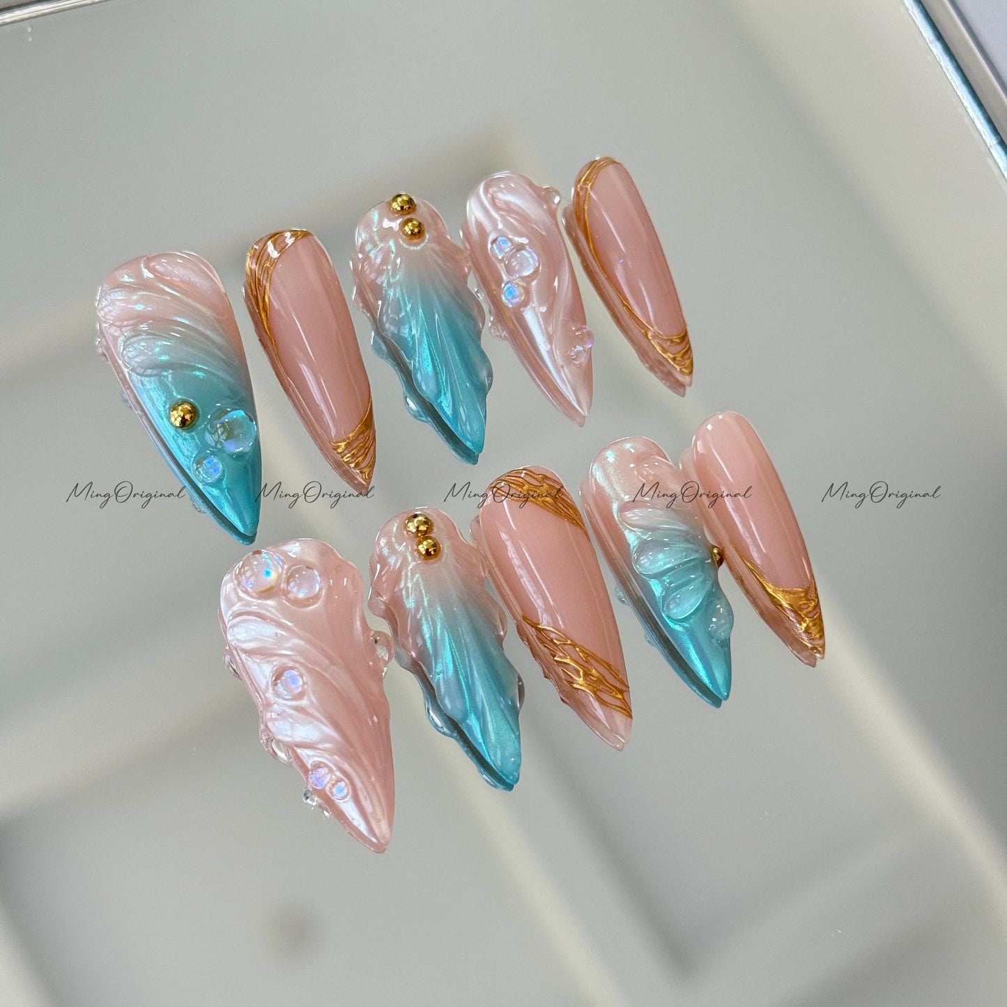 3D Y2K Pearlescent Aurora Blue Mermaid press on nails, Nude Chrome Nail, Aura pearl reusable nail, jelly fake nail, gift for her, MO643