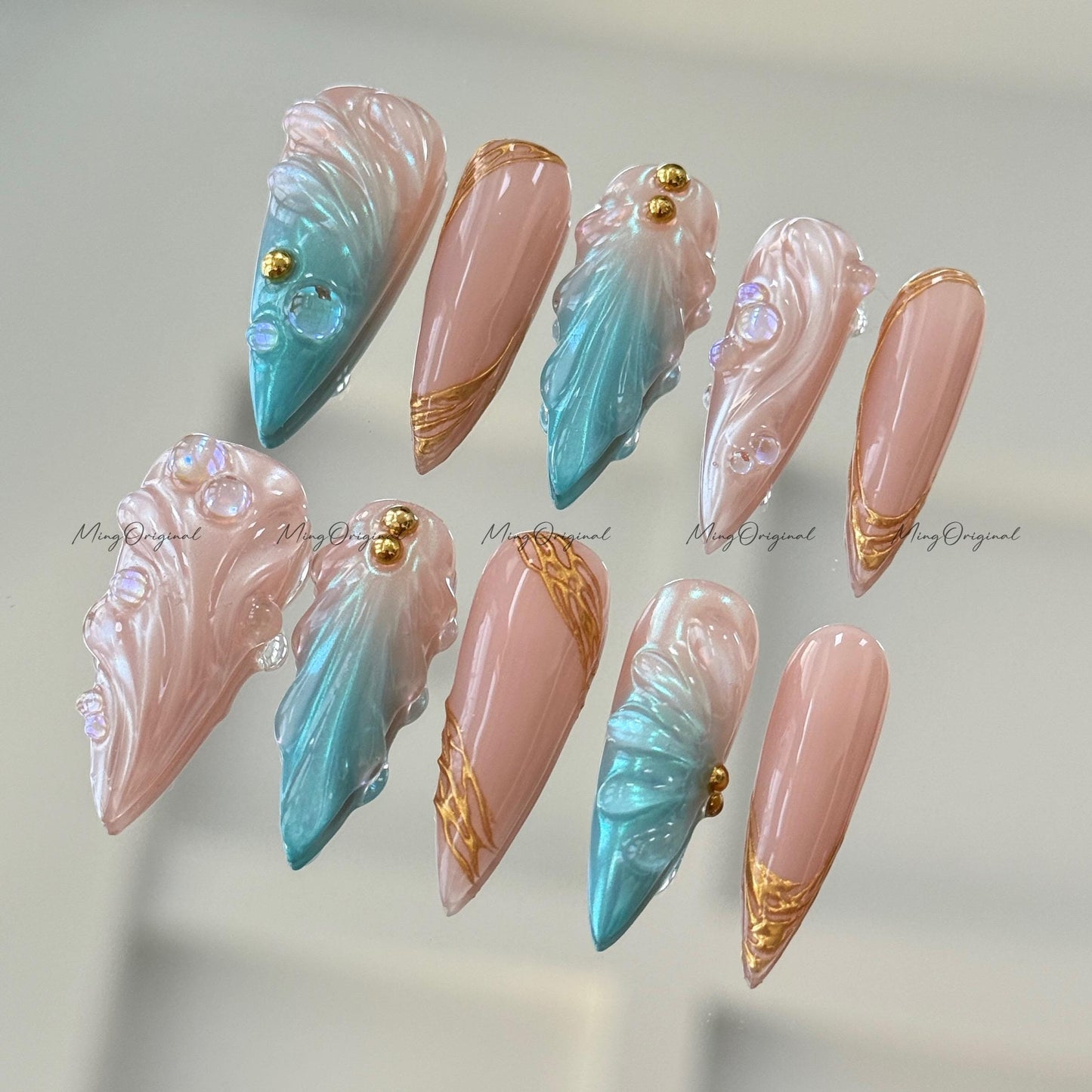 3D Y2K Pearlescent Aurora Blue Mermaid press on nails, Nude Chrome Nail, Aura pearl reusable nail, jelly fake nail, gift for her, MO643