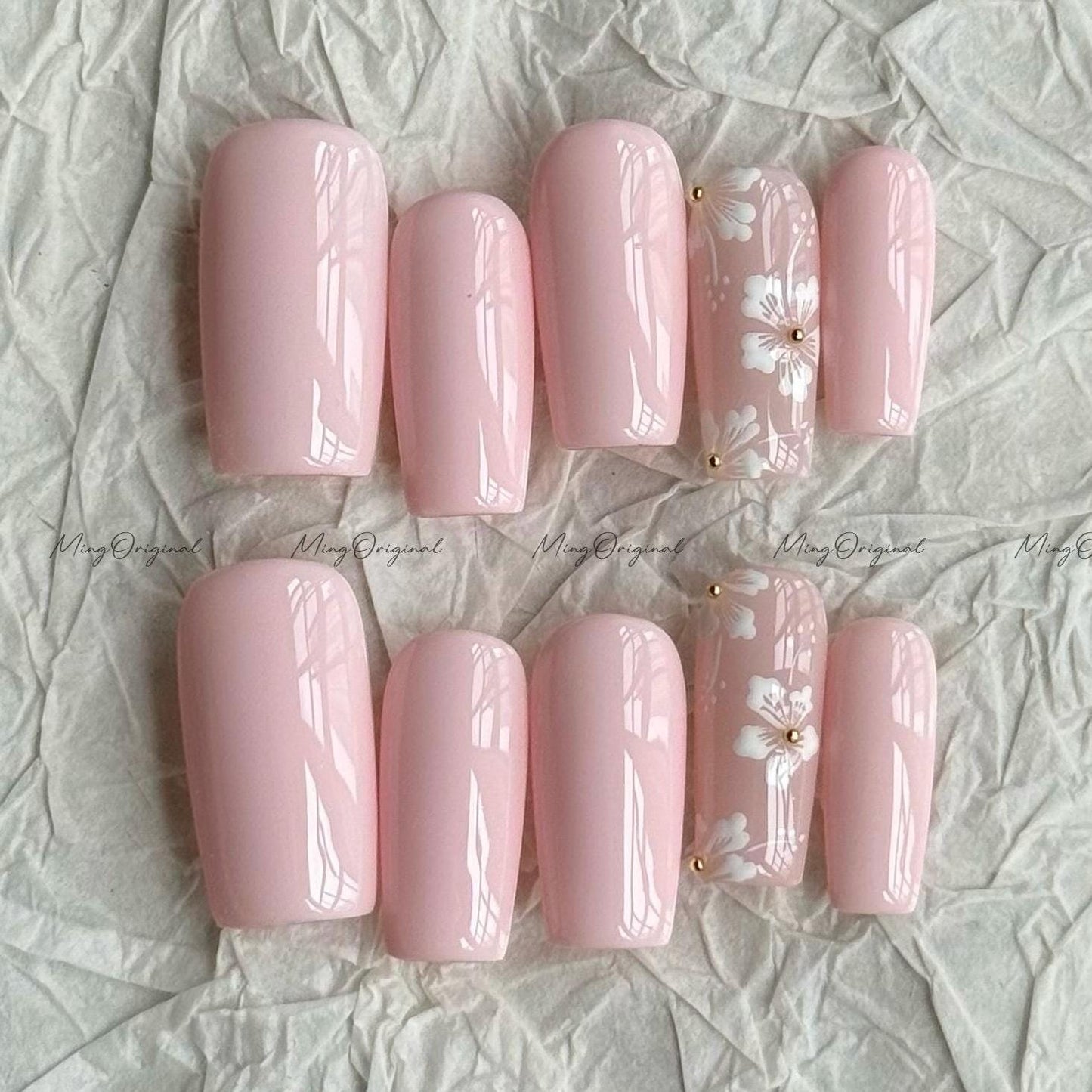 Pink floral Press on Nails, pastel Pink Handcrafted little white flowers, gift for her MO665