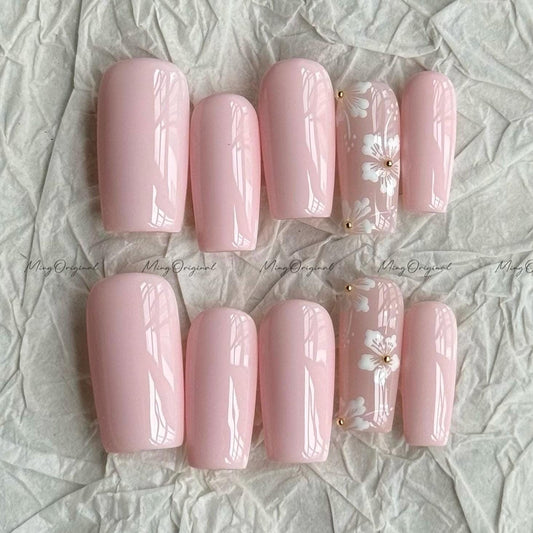 Pink floral Press on Nails, pastel Pink Handcrafted little white flowers, gift for her MO665