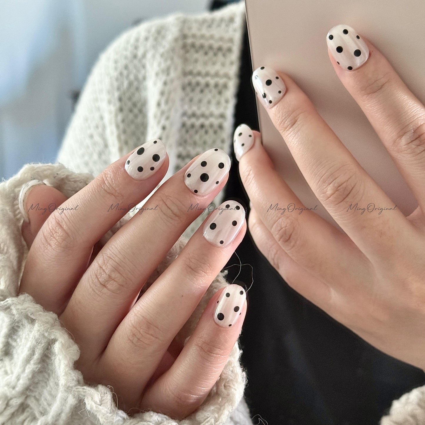 Classic Polka dots press on nails, glazed donut dot design, vintage style black and white nail, gift for her, MO666