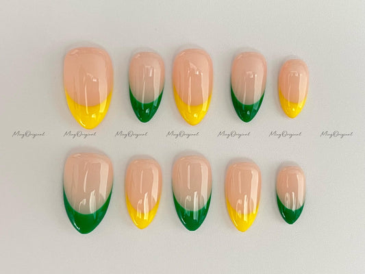 French tip Press on Nail, hand painted green and yellow color simple everyday nail, summer nail, gift for her, MO648