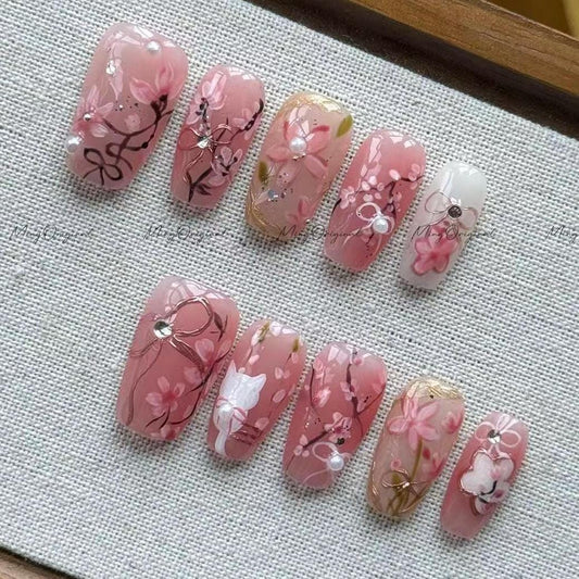 Sakura flower press on nail, cute bunny nail, hand painted pink floral nail, Fake nails, Nail Artist Faux Nails, gift for friend, MO649