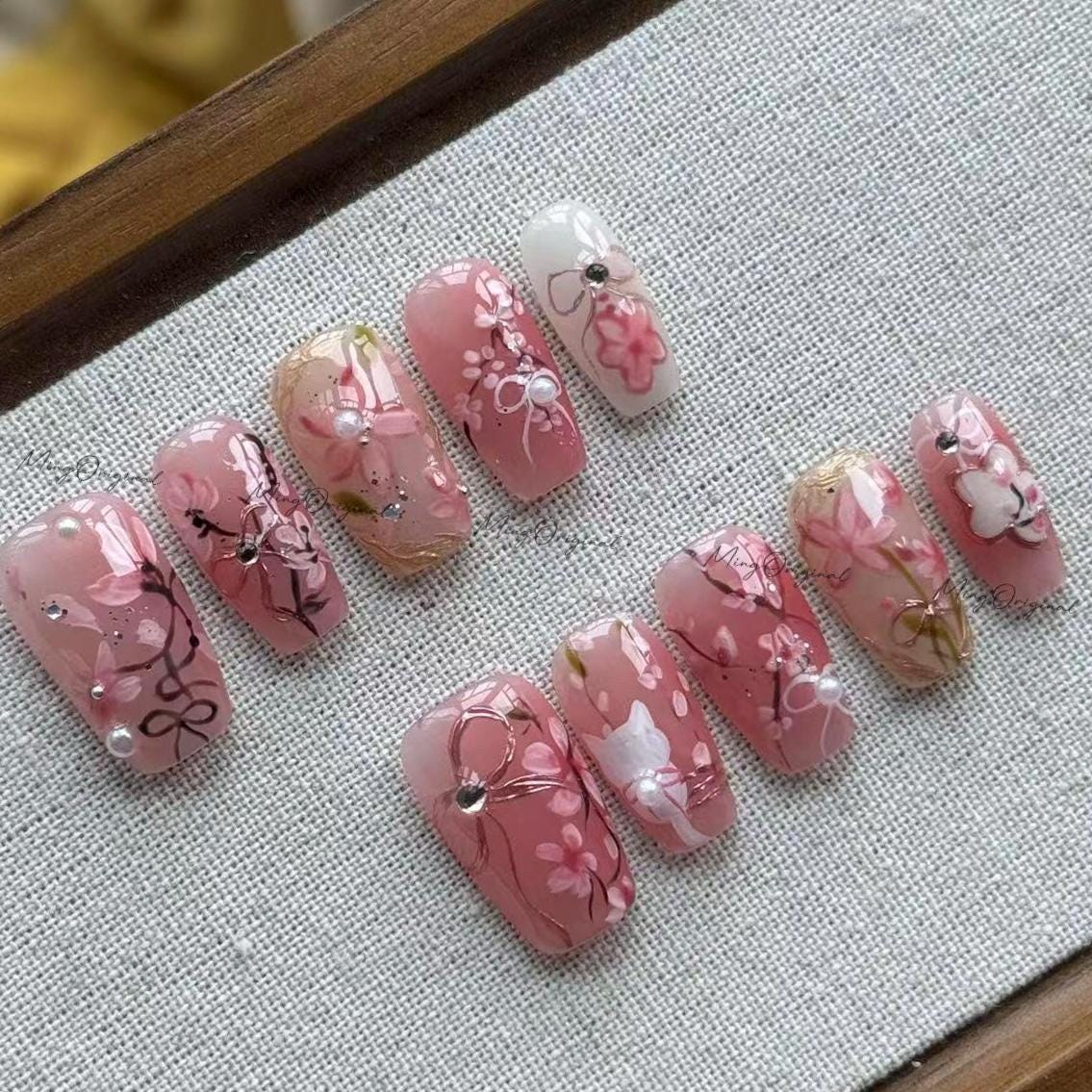 Sakura flower press on nail, cute bunny nail, hand painted pink floral nail, Fake nails, Nail Artist Faux Nails, gift for friend, MO649