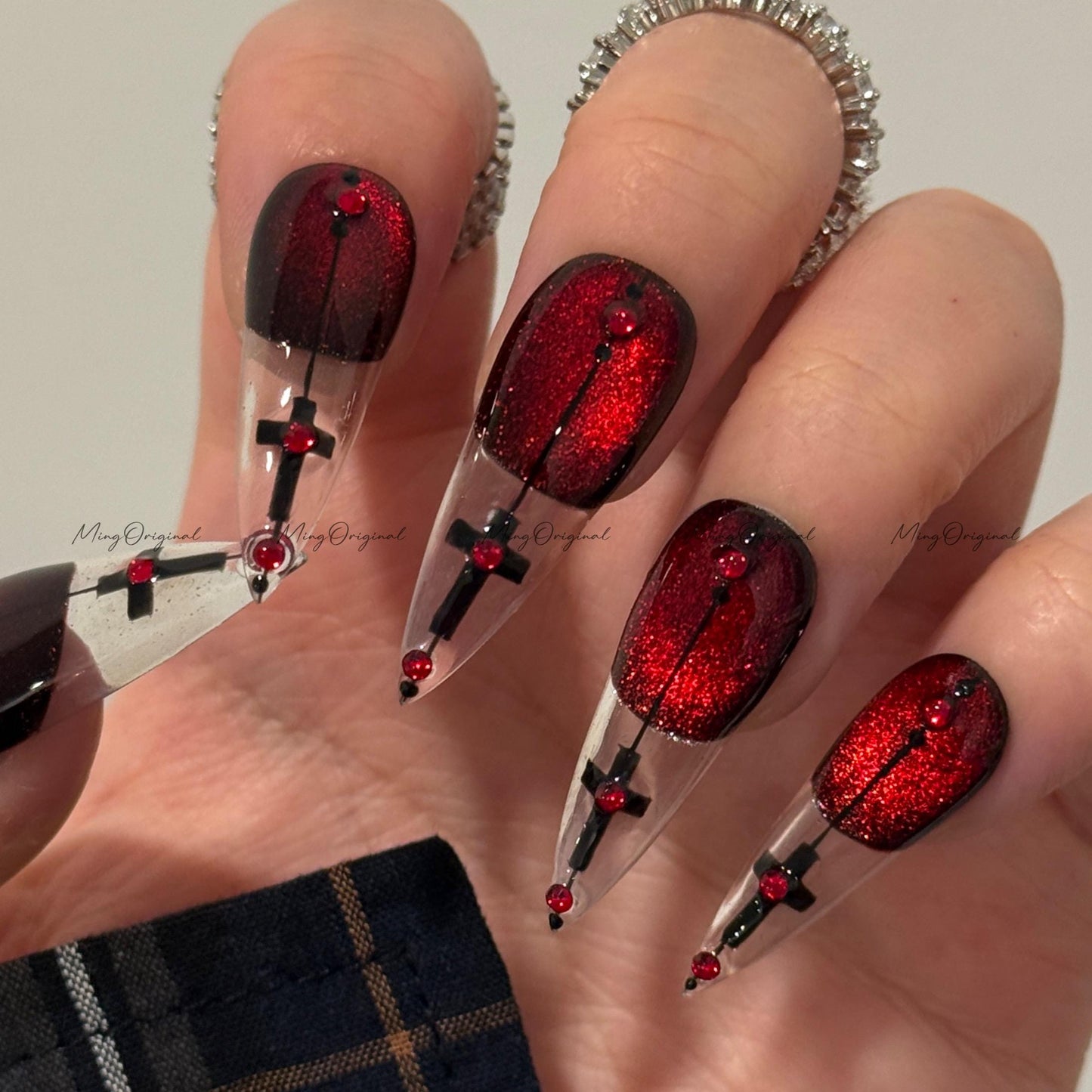 Vampire Velvet Press on Nail, red cat eye glittery nail, abstract line and cross, clear tip nail, gift for Christmas and Halloween, MO650