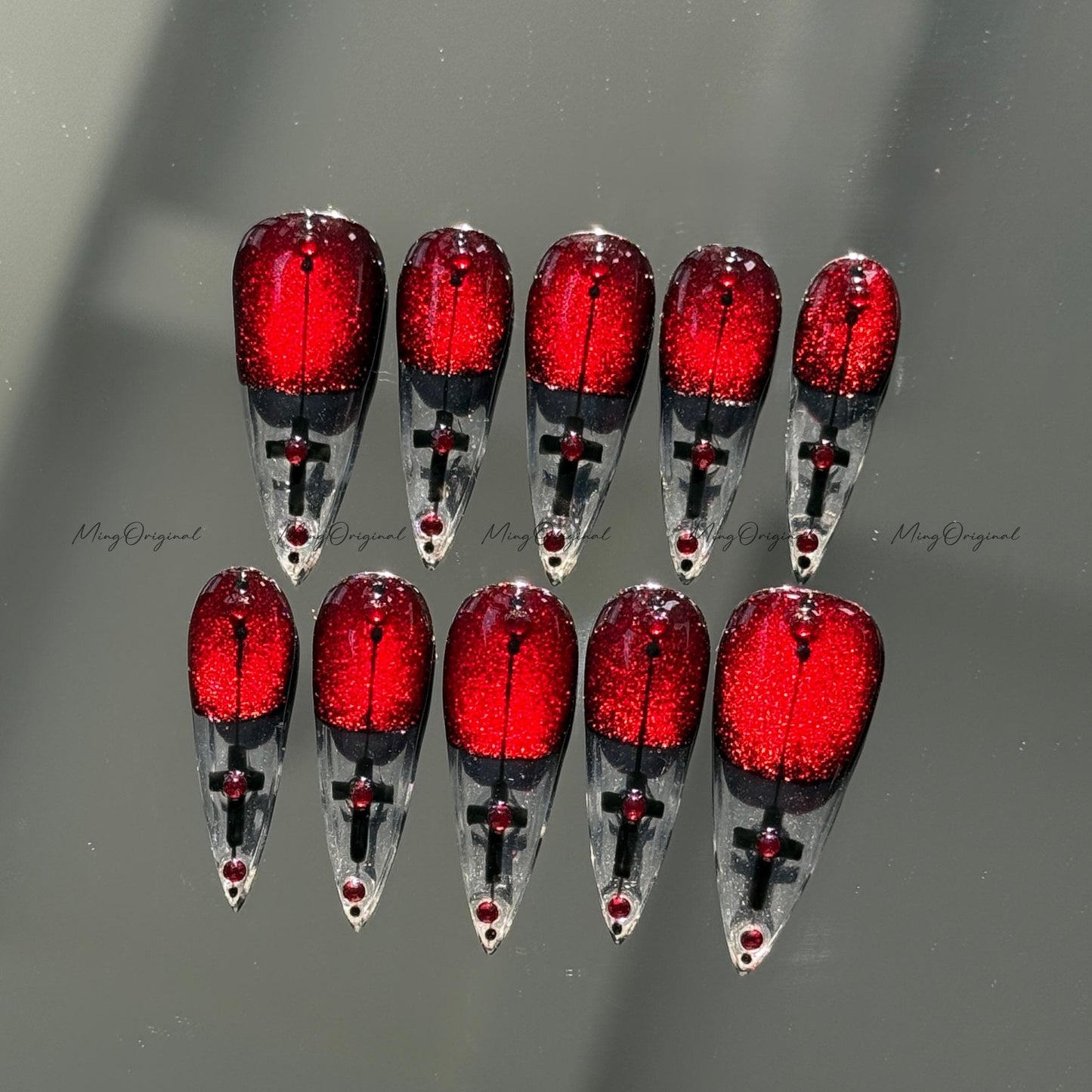 Vampire Velvet Press on Nail, red cat eye glittery nail, abstract line and cross, clear tip nail, gift for Christmas and Halloween, MO650
