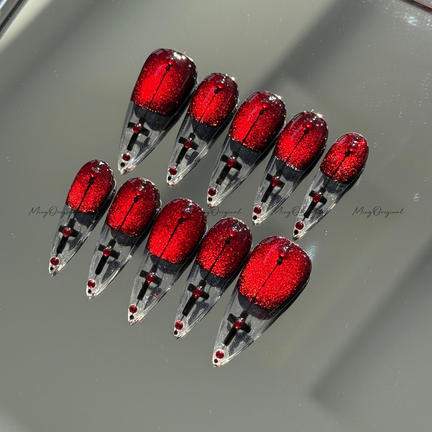 Vampire Velvet Press on Nail, red cat eye glittery nail, abstract line and cross, clear tip nail, gift for Christmas and Halloween, MO650