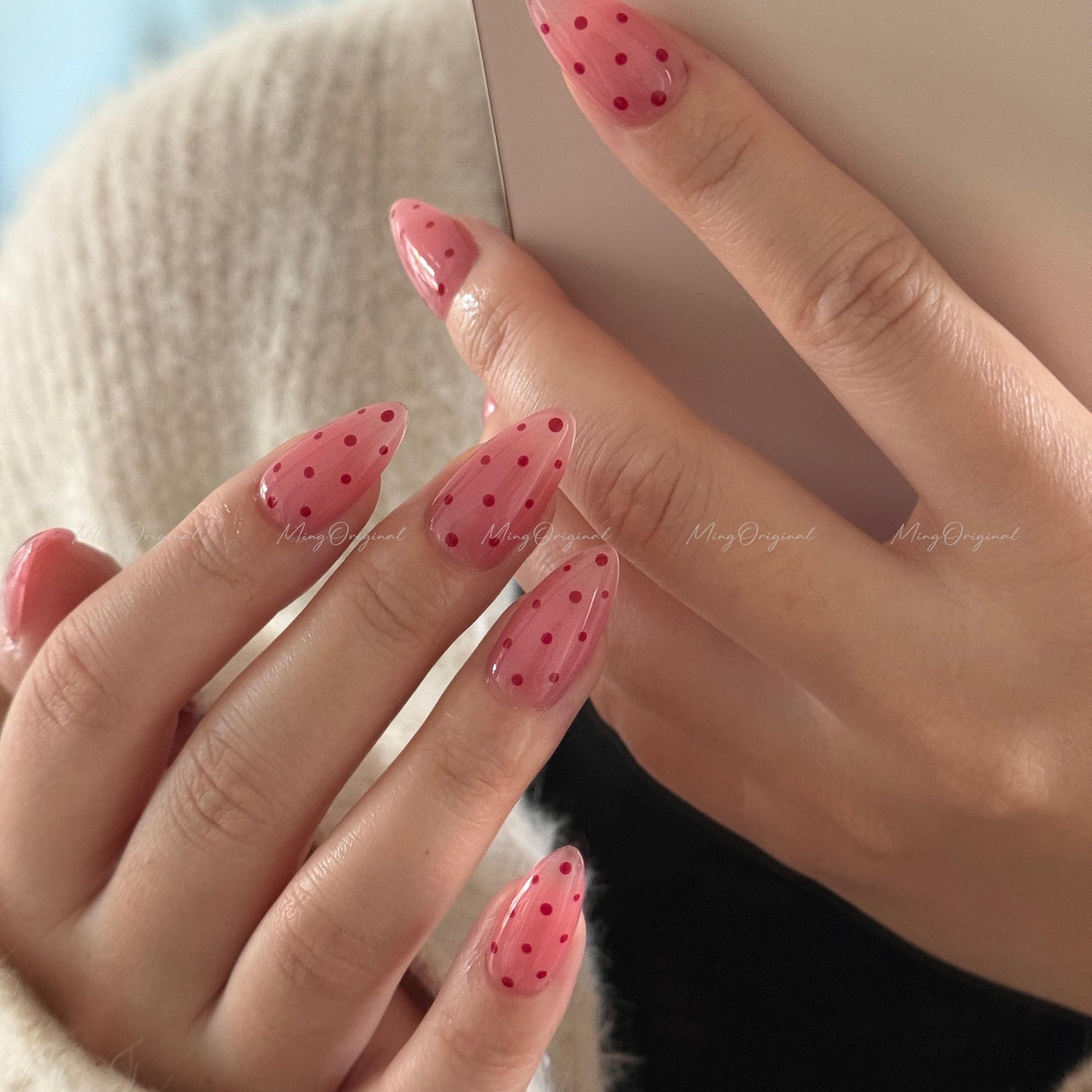 Pink Polka dots press on nails, cute dot design, vintage style red and pink nail, jelly nail, valentine girly gift for her, MO667