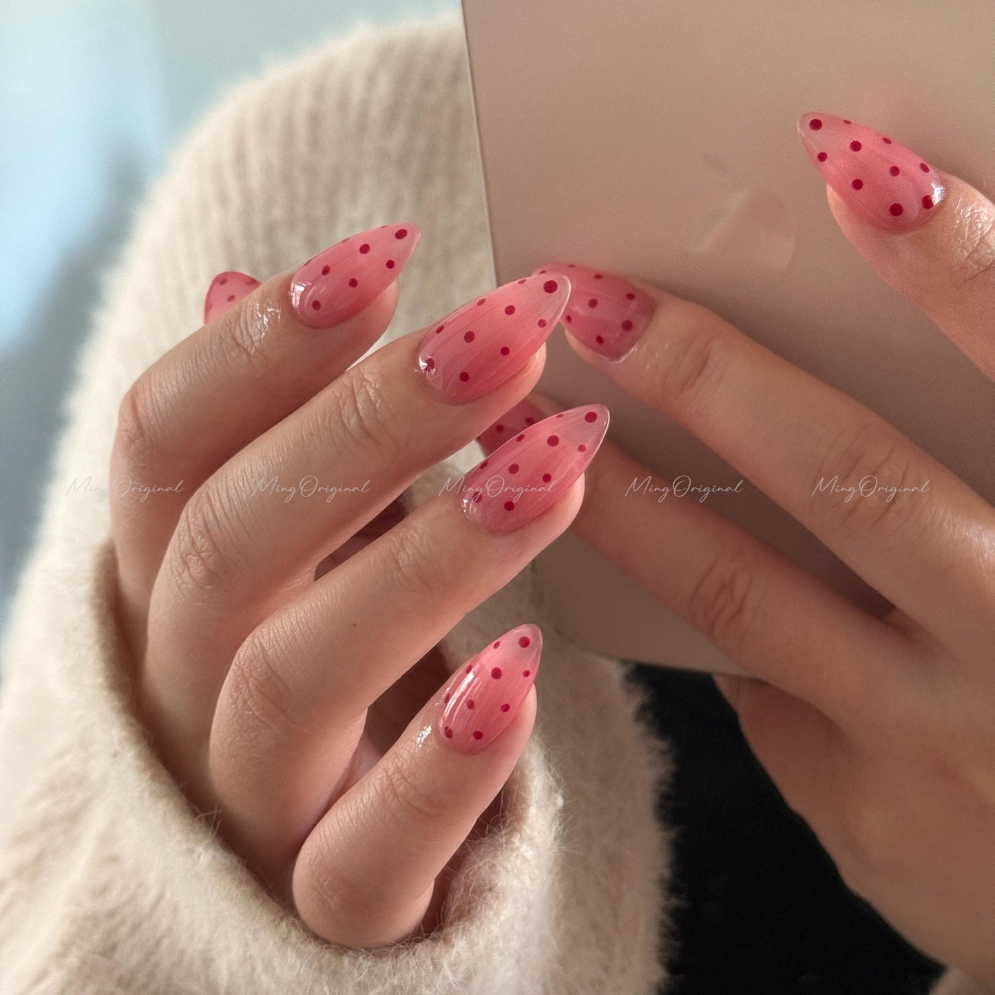 Pink Polka dots press on nails, cute dot design, vintage style red and pink nail, jelly nail, valentine girly gift for her, MO667
