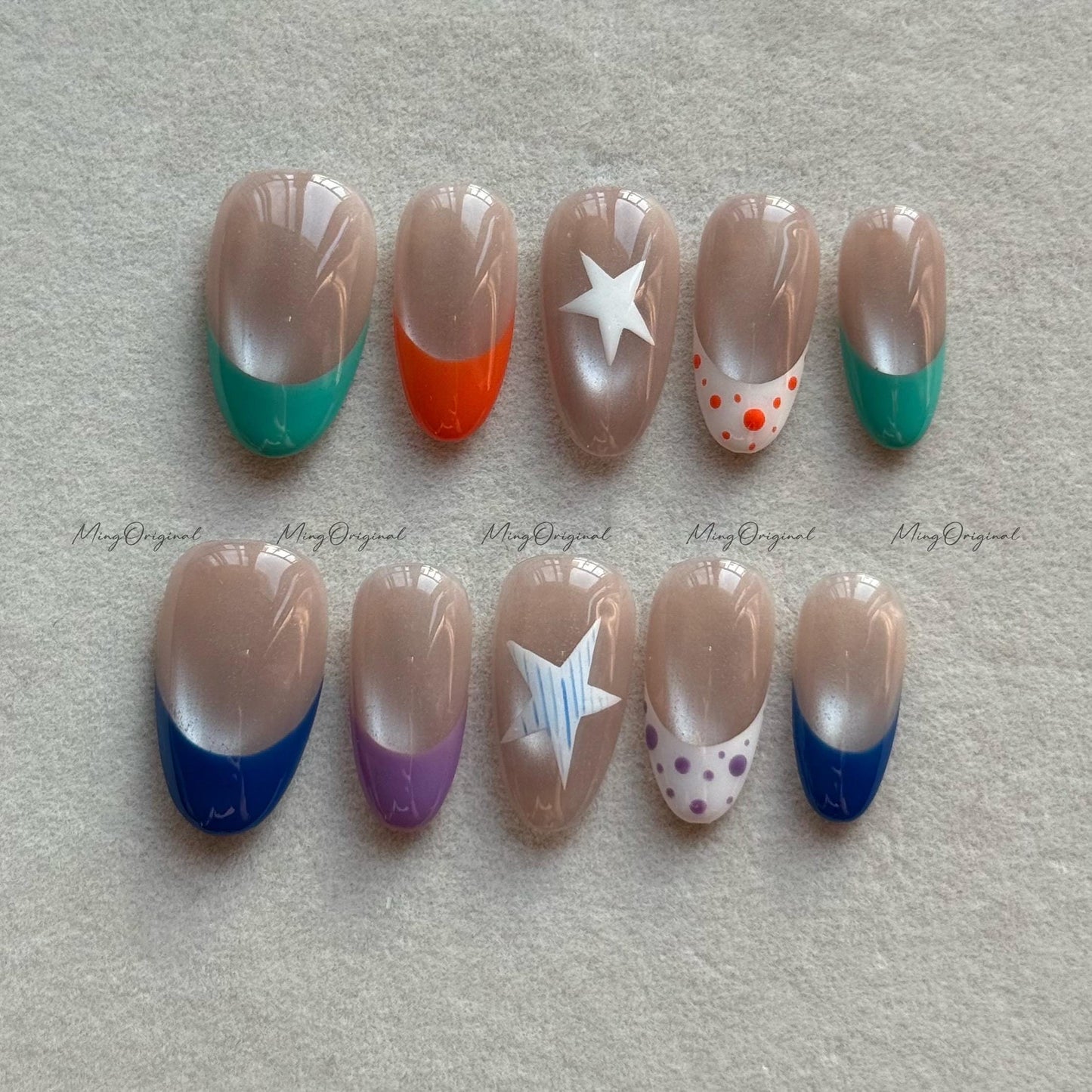 Colorful French Press on Nail, Nude Cat Eye Base, Light Chasing Cat Eye Effect, Star Pattern Polka Dot velvet fake nail, gift for her, MO651
