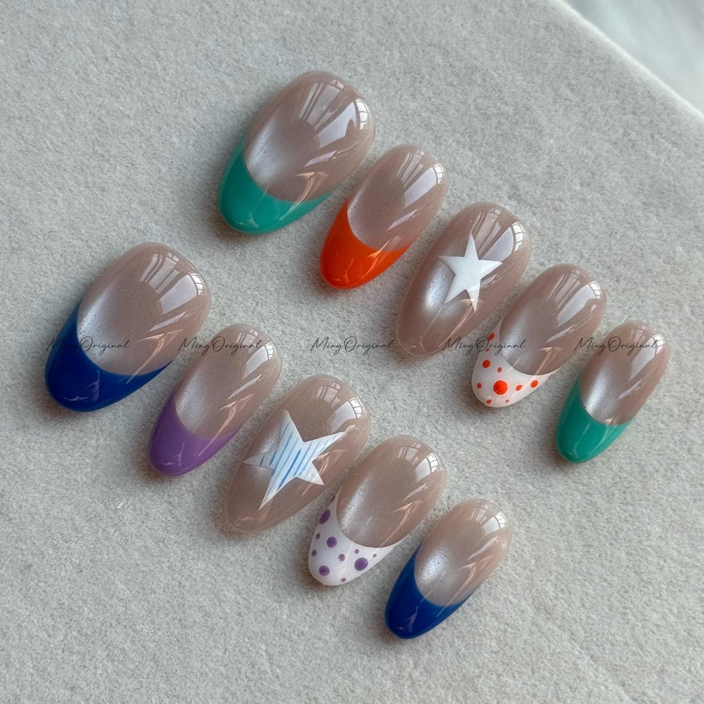Colorful French Press on Nail, Nude Cat Eye Base, Light Chasing Cat Eye Effect, Star Pattern Polka Dot velvet fake nail, gift for her, MO651