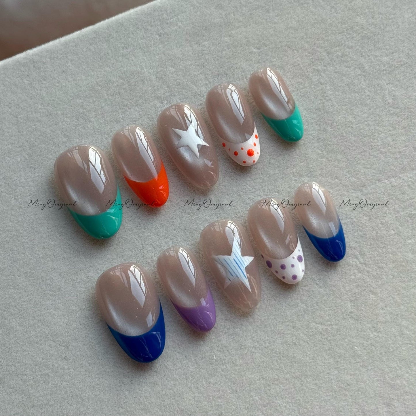 Colorful French Press on Nail, Nude Cat Eye Base, Light Chasing Cat Eye Effect, Star Pattern Polka Dot velvet fake nail, gift for her, MO651