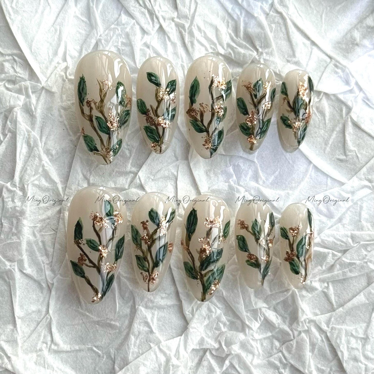 Green Leaf Press on Nail, Watercolor and Gold Accent Artistic Nail, handpainted nude nail, Holiday Fake Nails, Gifts for Her, Mo652