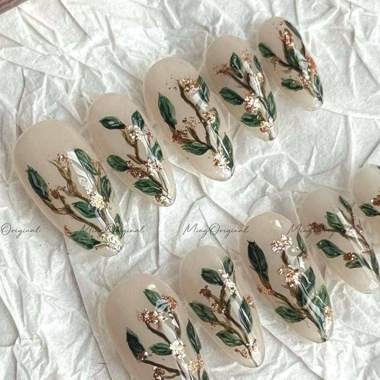 Green Leaf Press on Nail, Watercolor and Gold Accent Artistic Nail, handpainted nude nail, Holiday Fake Nails, Gifts for Her, Mo652