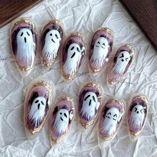 Ghost gallery press on nails, gold framed cute ghosts reuse nails, spooky season horror fake nail,glue on nail, Halloween gift for her,MO654