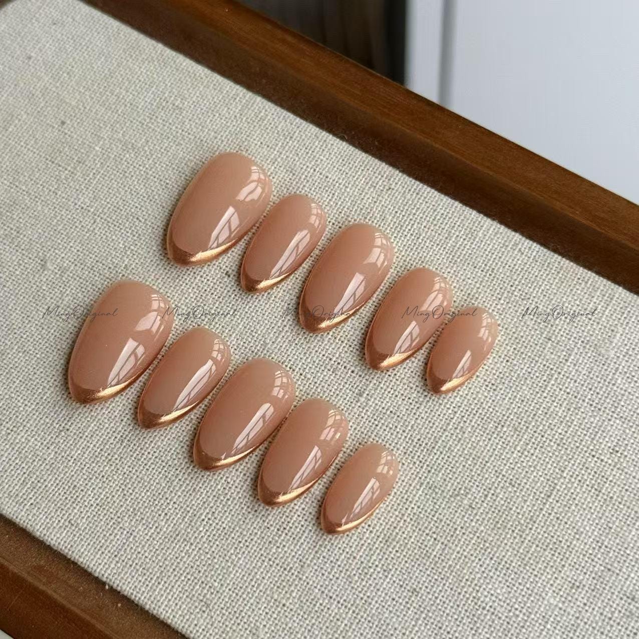 Chrome Tip Press on Nails, Classy Slim French Tip Gold Mirror Chromr hand painted fake Nails, Everyday nail, glue on nail, MO671