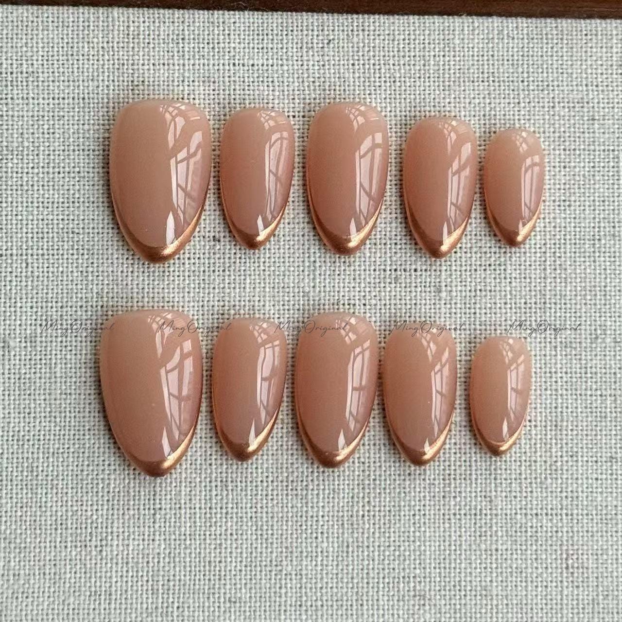 Chrome Tip Press on Nails, Classy Slim French Tip Gold Mirror Chromr hand painted fake Nails, Everyday nail, glue on nail, MO671