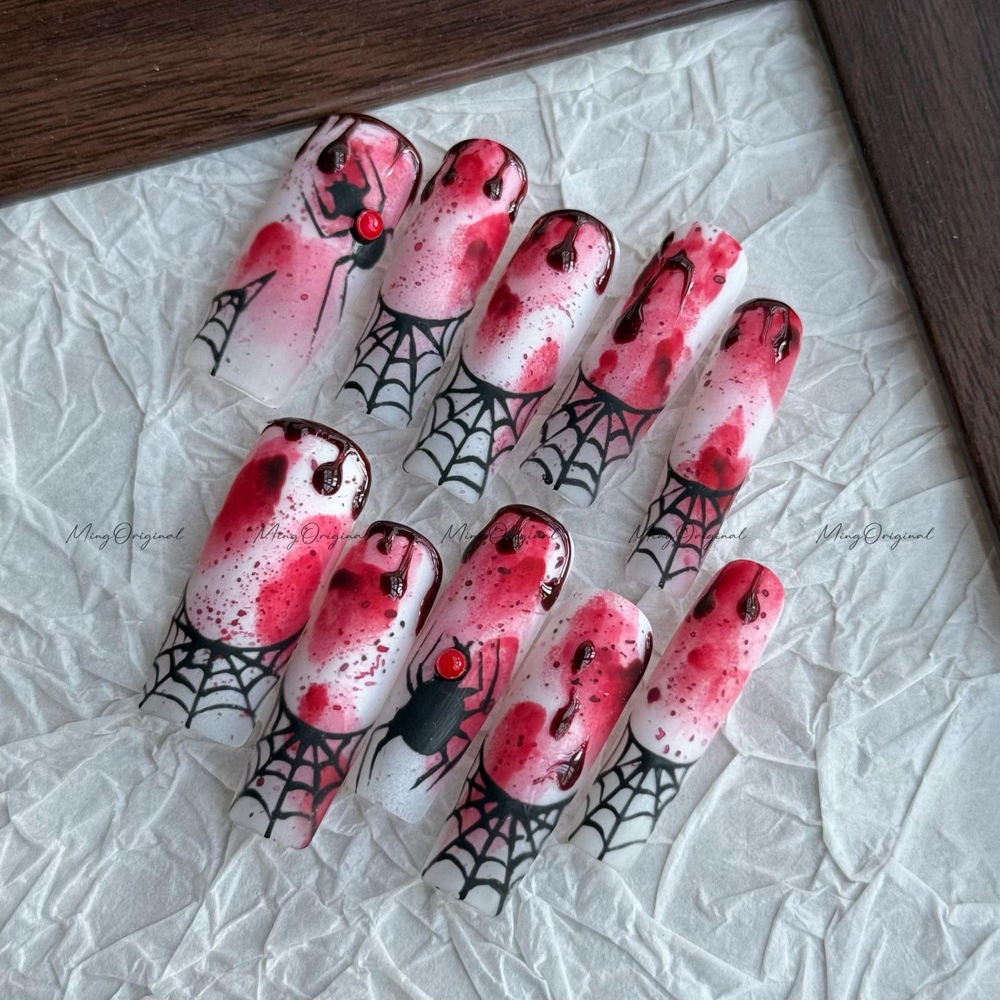 Halloween Spooky Spider Web Press on Nail, Bleeding Gothic Accent nails, hand painted y2k bloody nail, fake nail, black nail,MO655