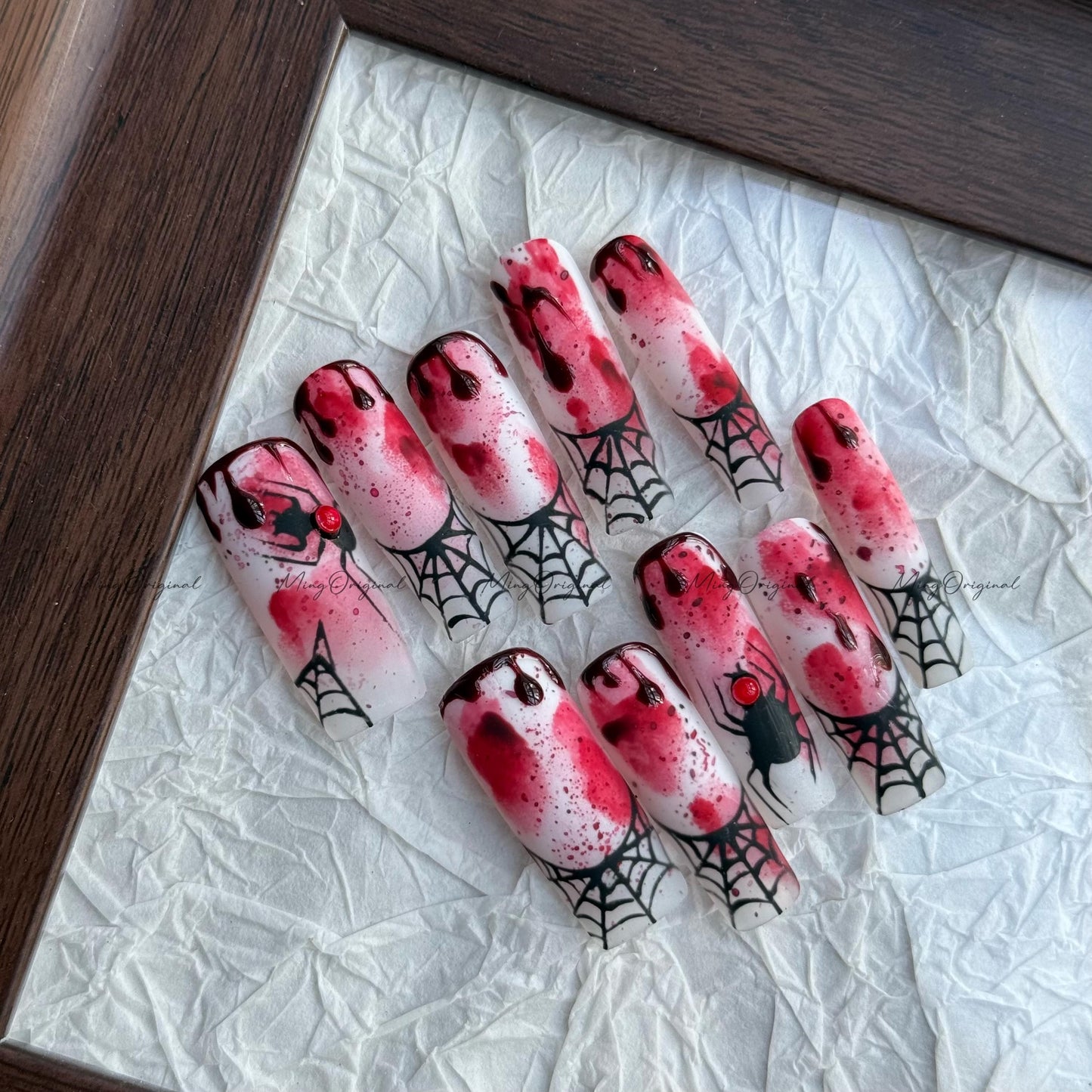 Halloween Spooky Spider Web Press on Nail, Bleeding Gothic Accent nails, hand painted y2k bloody nail, fake nail, black nail,MO655