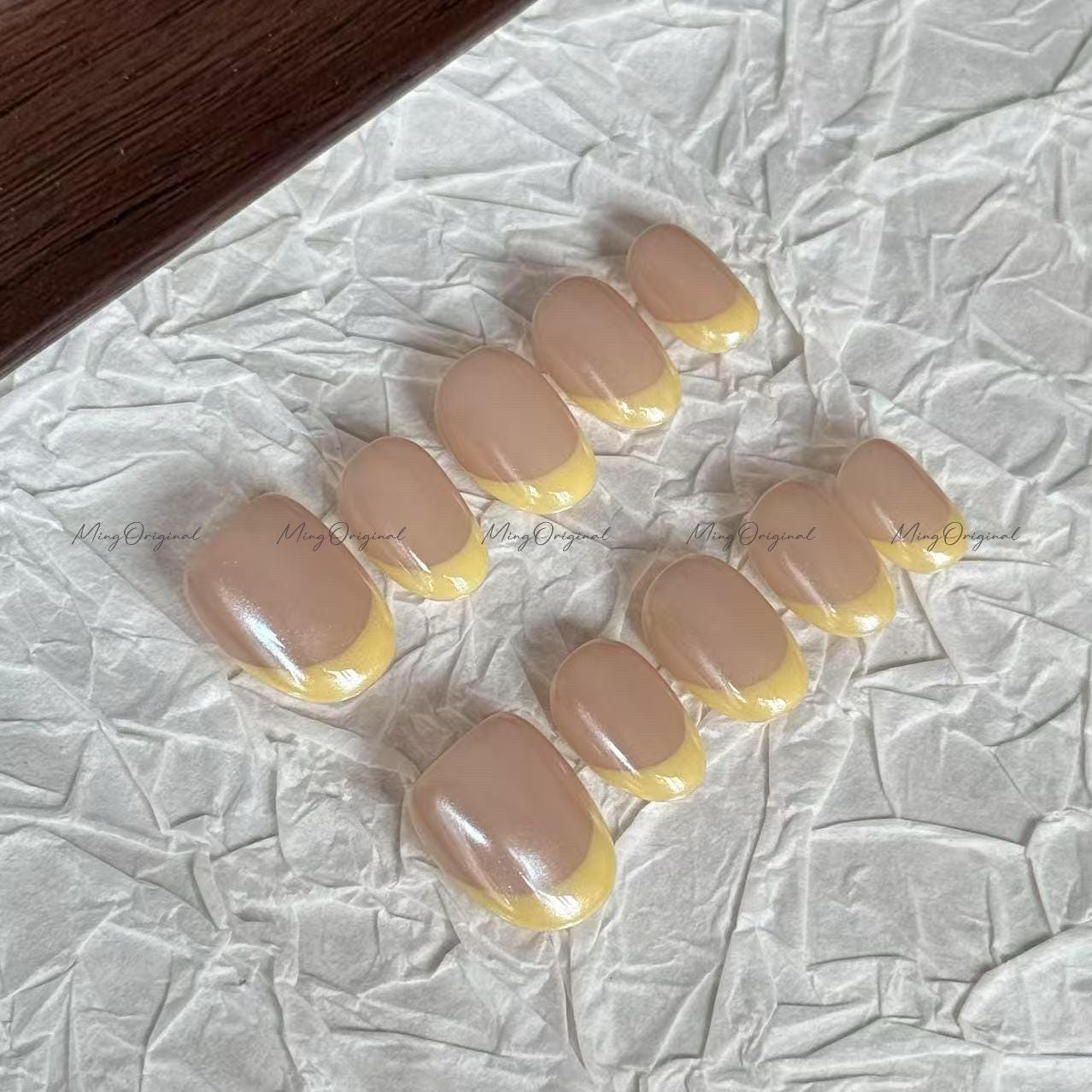 Yellow Glazed donuts French Tip press on nail, pearl chrome Fake nails, nude nail, Handmade jelly nail, MO672