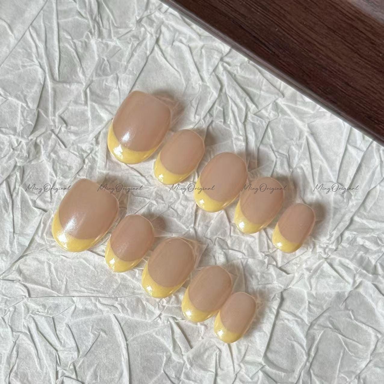 Yellow Glazed donuts French Tip press on nail, pearl chrome Fake nails, nude nail, Handmade jelly nail, MO672