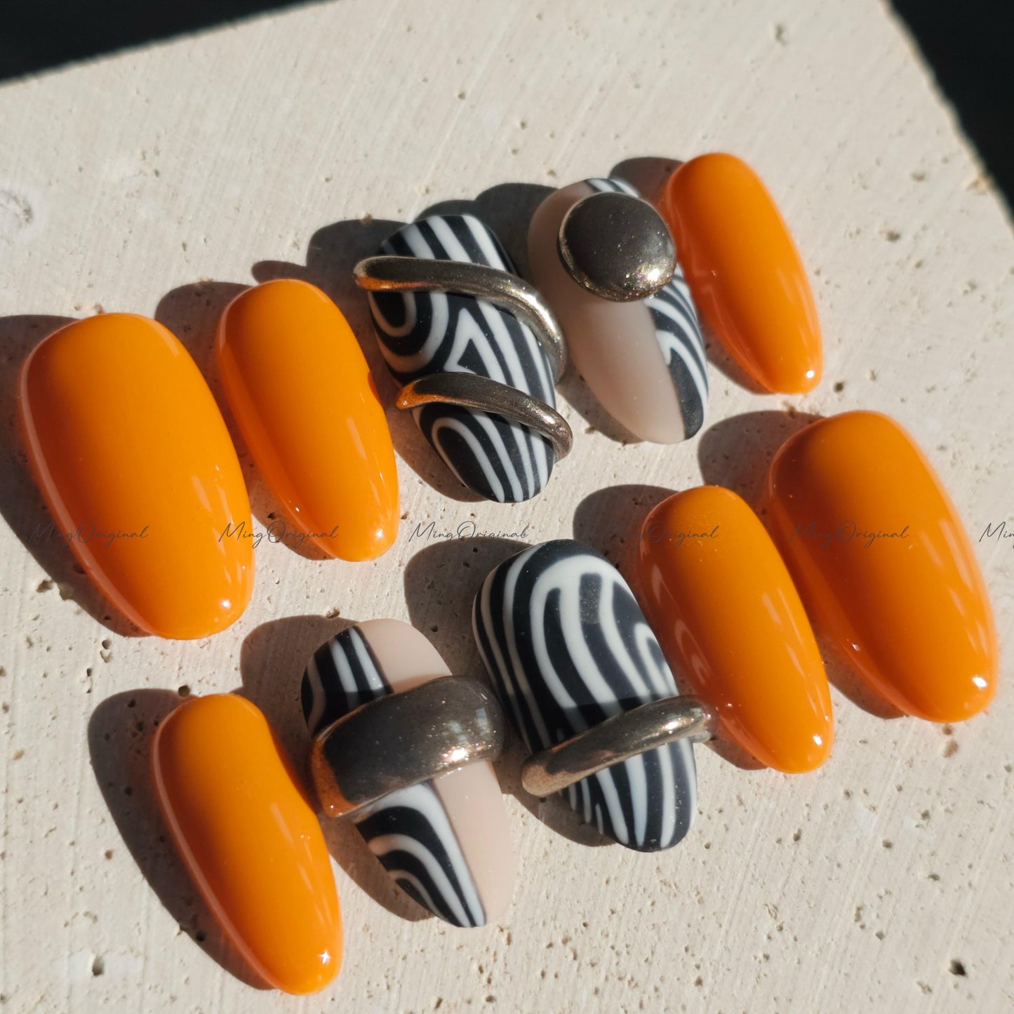 Boho Luxe Press on Nails, Black and white zebra, gold accents, orange color, bold statement nail,gift for her MO674