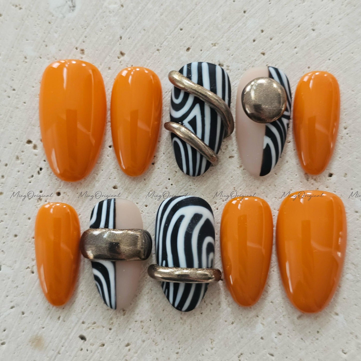 Boho Luxe Press on Nails, Black and white zebra, gold accents, orange color, bold statement nail,gift for her MO674