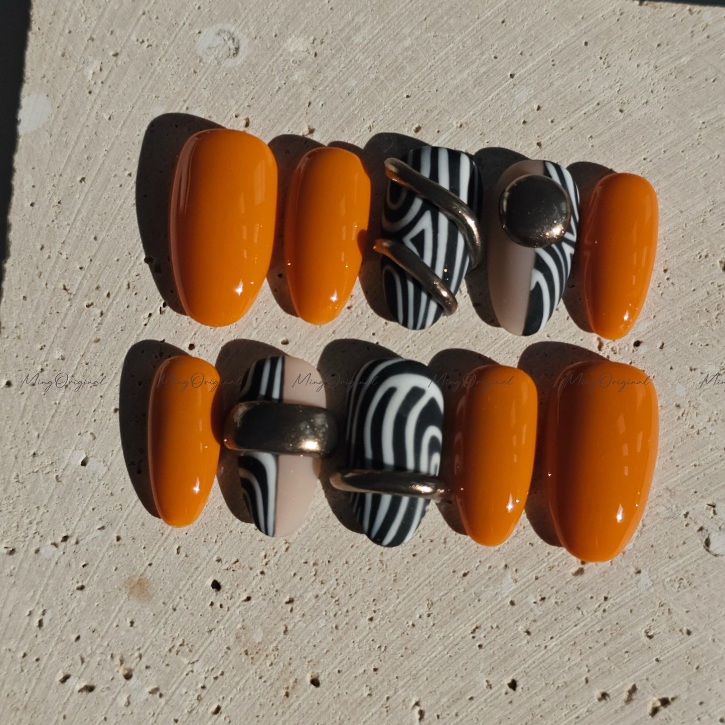 Boho Luxe Press on Nails, Black and white zebra, gold accents, orange color, bold statement nail,gift for her MO674