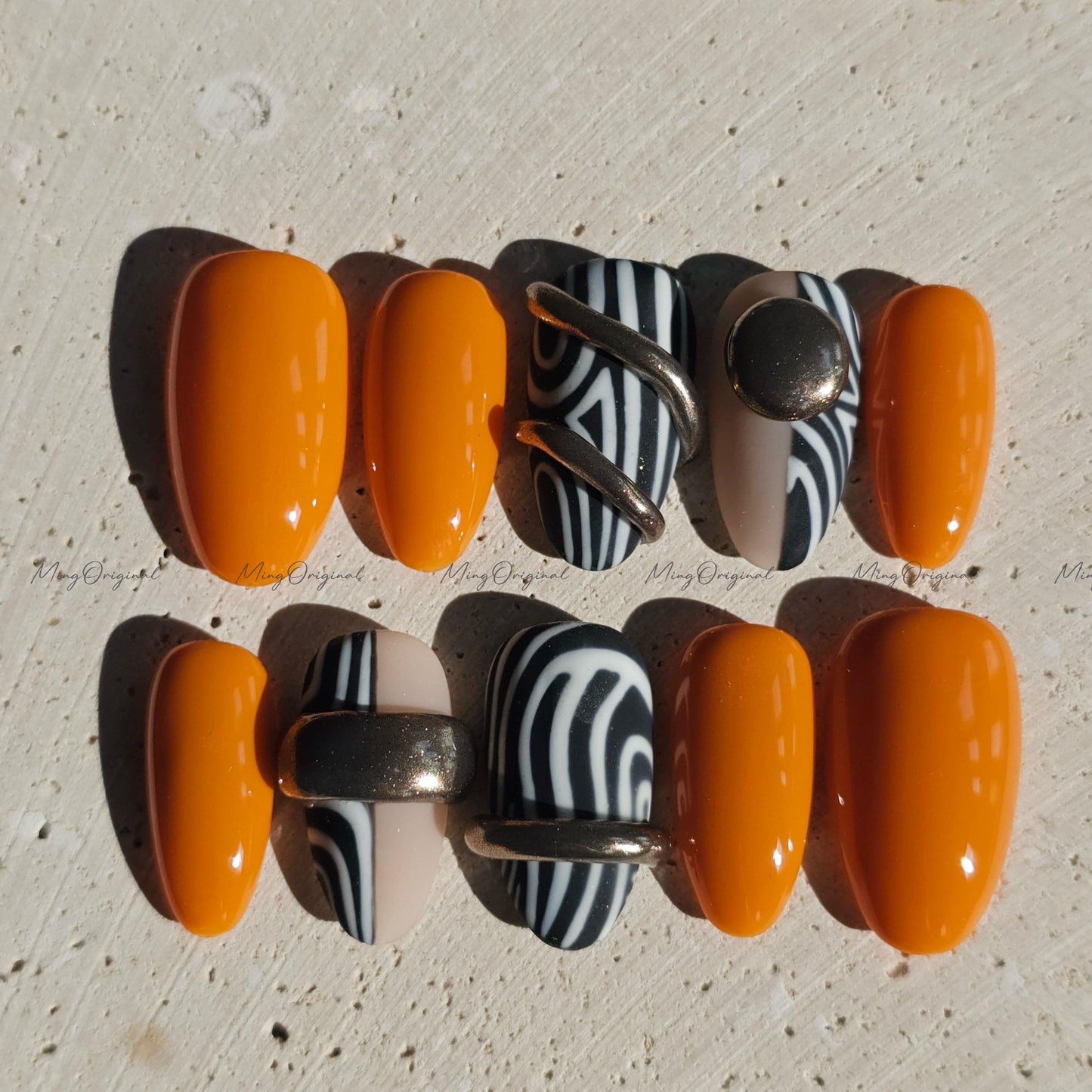 Boho Luxe Press on Nails, Black and white zebra, gold accents, orange color, bold statement nail,gift for her MO674