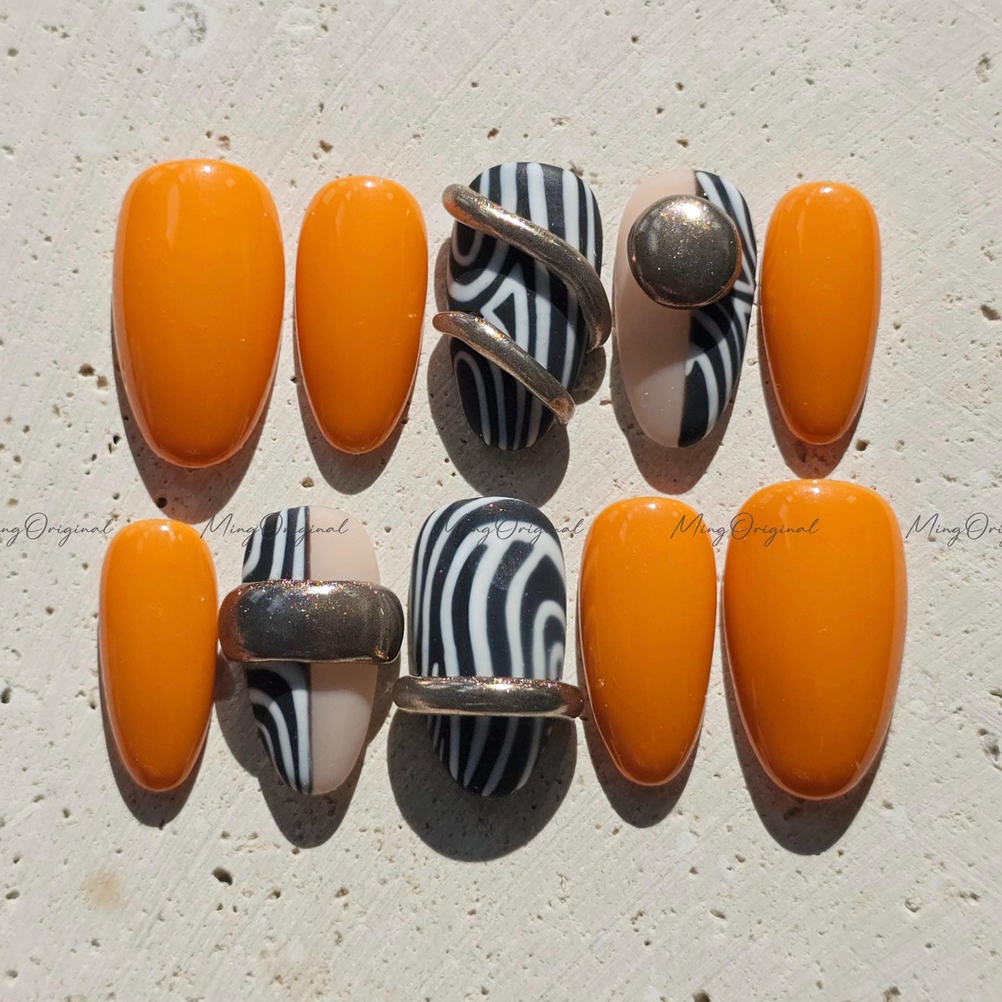 Boho Luxe Press on Nails, Black and white zebra, gold accents, orange color, bold statement nail,gift for her MO674